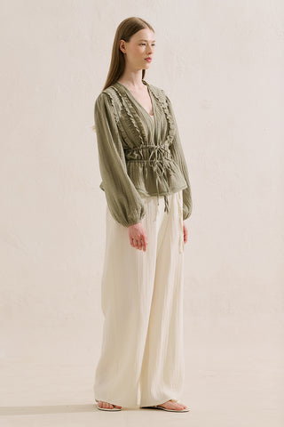 Embroidered Muslin Cropped Blouse Sage Green