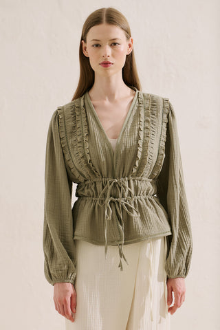 Embroidered Muslin Cropped Blouse Sage Green