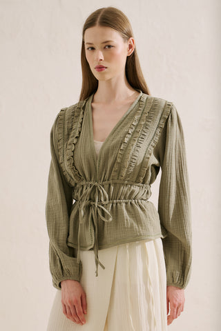 Embroidered Muslin Cropped Blouse Sage Green