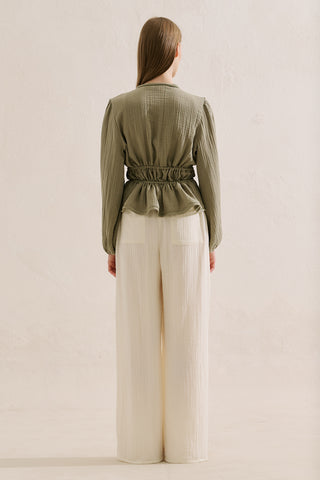 Embroidered Muslin Cropped Blouse Sage Green