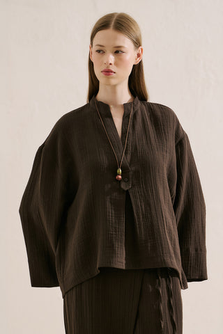 Muslin Wide Sleeve Blouse Dark Brown