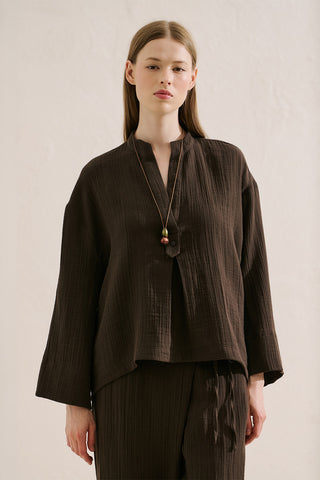 Muslin Wide Sleeve Blouse Dark Brown