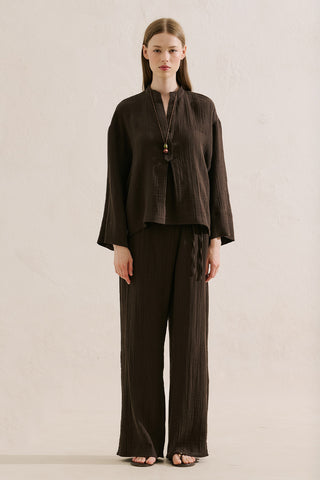 Muslin Wide Sleeve Blouse Dark Brown