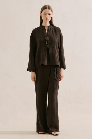 Muslin Wide Sleeve Blouse Dark Brown