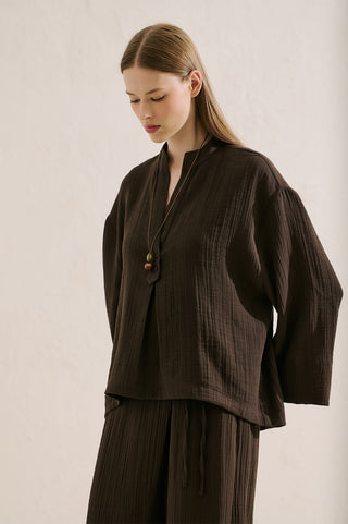 Muslin Wide Sleeve Blouse Dark Brown