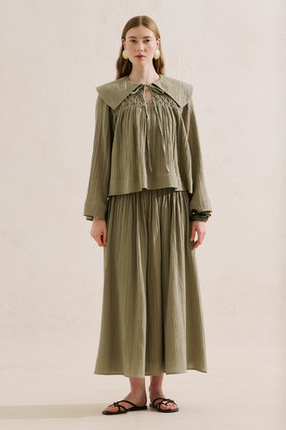 Embroidered Muslin Wide Collar Blouse Sage Green