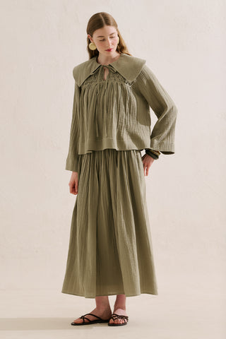 Embroidered Muslin Wide Collar Blouse Sage Green