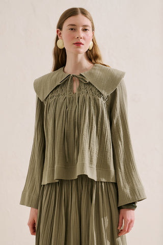 Embroidered Muslin Wide Collar Blouse Sage Green
