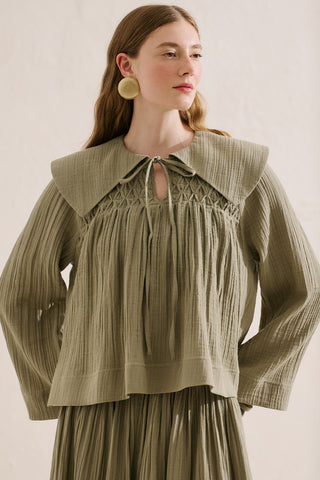 Embroidered Muslin Wide Collar Blouse Sage Green