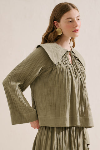 Embroidered Muslin Wide Collar Blouse Sage Green