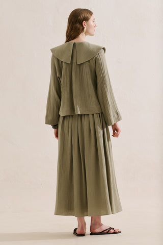 Embroidered Muslin Wide Collar Blouse Sage Green