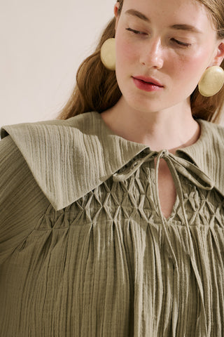 Embroidered Muslin Wide Collar Blouse Sage Green
