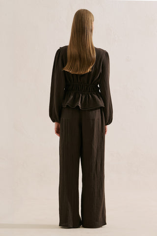 Embroidered Muslin Cropped Blouse Dark Brown