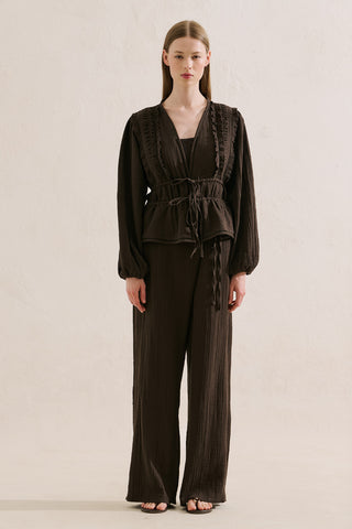 Embroidered Muslin Cropped Blouse Dark Brown