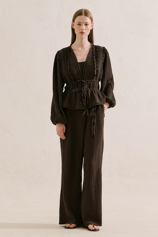 Embroidered Muslin Cropped Blouse Dark Brown