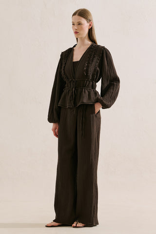 Embroidered Muslin Cropped Blouse Dark Brown