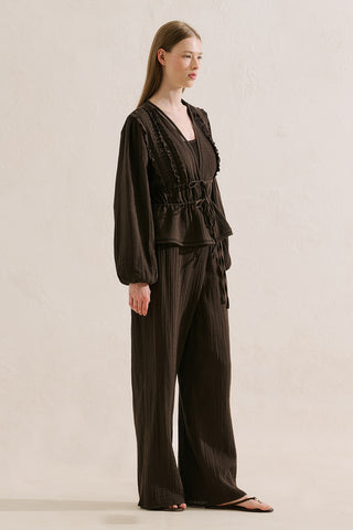 Embroidered Muslin Cropped Blouse Dark Brown