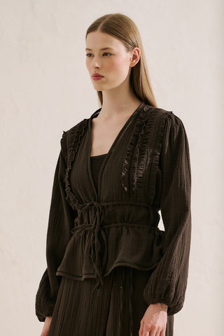 Embroidered Muslin Cropped Blouse Dark Brown