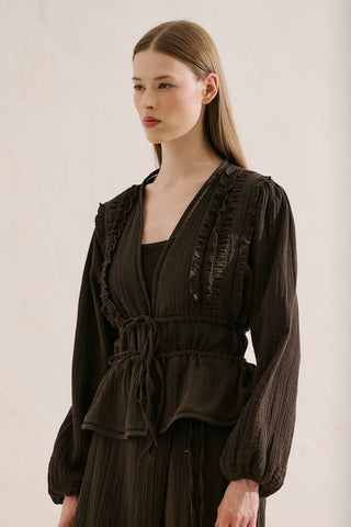 Embroidered Muslin Cropped Blouse Dark Brown