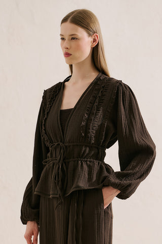 Embroidered Muslin Cropped Blouse Dark Brown