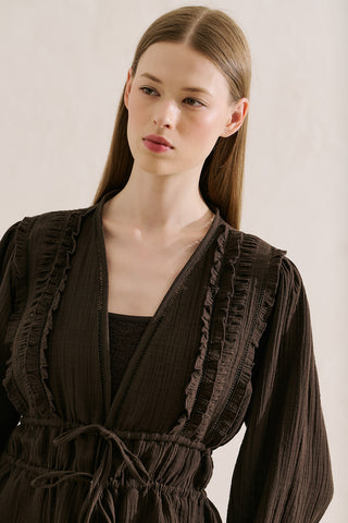 Embroidered Muslin Cropped Blouse Dark Brown