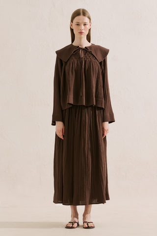 Embroidered Muslin Wide Collar Blouse Dusty Brown