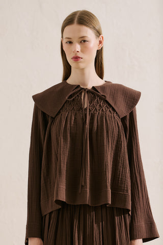 Embroidered Muslin Wide Collar Blouse Dusty Brown