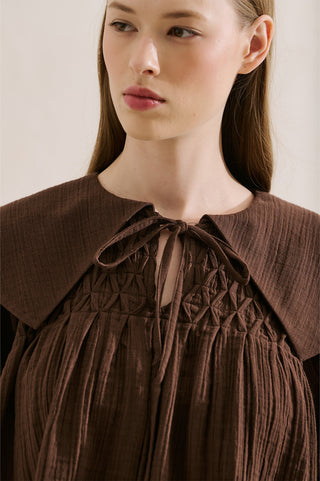 Embroidered Muslin Wide Collar Blouse Dusty Brown