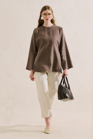 Linen Tie Detail Wide Sleeve Tunic Mink