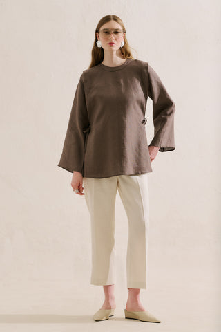 Linen Tie Detail Wide Sleeve Tunic Mink