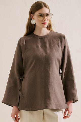 Linen Tie Detail Wide Sleeve Tunic Mink