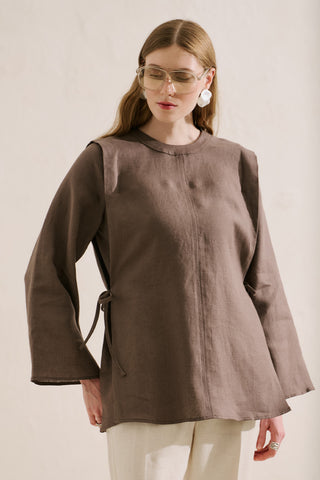 Linen Tie Detail Wide Sleeve Tunic Mink