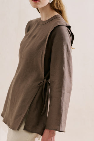 Linen Tie Detail Wide Sleeve Tunic Mink