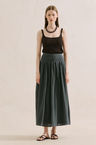 Embroidered Muslin Flowing Skirt Dark Green