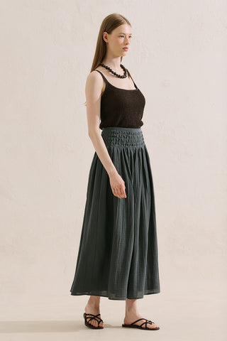 Embroidered Muslin Flowing Skirt Dark Green