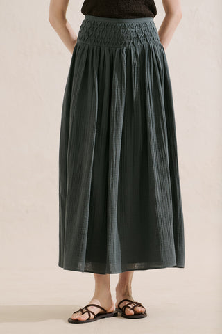 Embroidered Muslin Flowing Skirt Dark Green