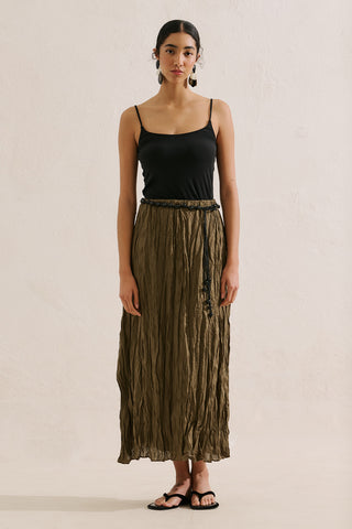 Linen Blend Crinkled Skirt Khaki