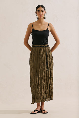 Linen Blend Crinkled Skirt Khaki