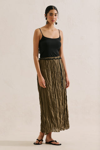 Linen Blend Crinkled Skirt Khaki