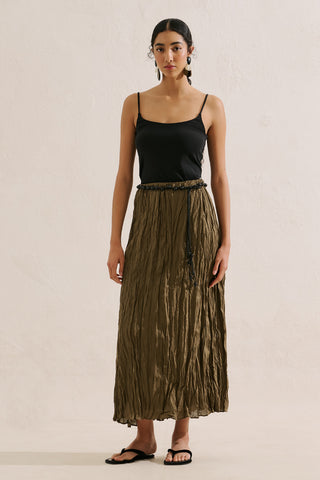 Linen Blend Crinkled Skirt Khaki