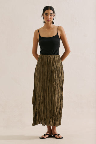 Linen Blend Crinkled Skirt Khaki