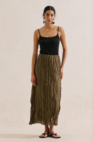 Linen Blend Crinkled Skirt Khaki