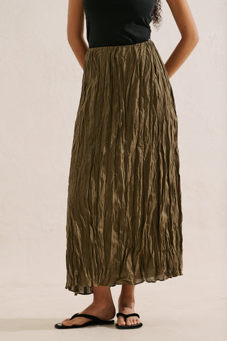 Linen Blend Crinkled Skirt Khaki