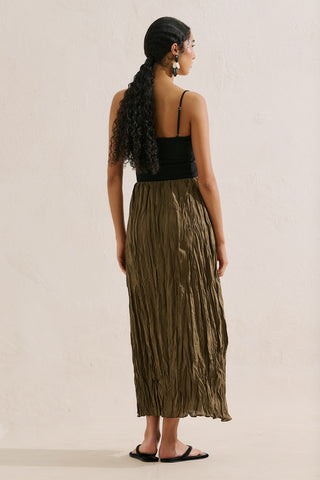 Linen Blend Crinkled Skirt Khaki