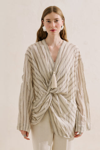 Linen Blend Knot Detail Blouse Brown