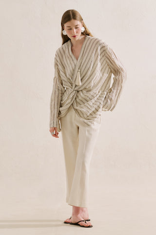 Linen Blend Knot Detail Blouse Brown