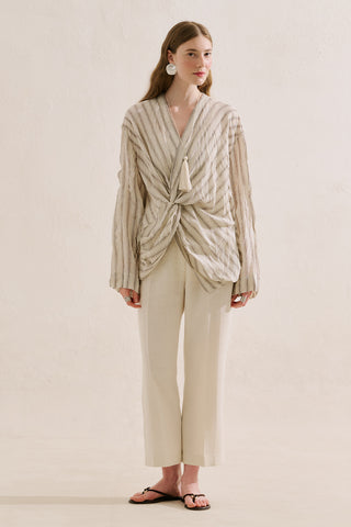 Linen Blend Knot Detail Blouse Brown