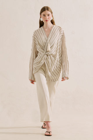 Linen Blend Knot Detail Blouse Brown