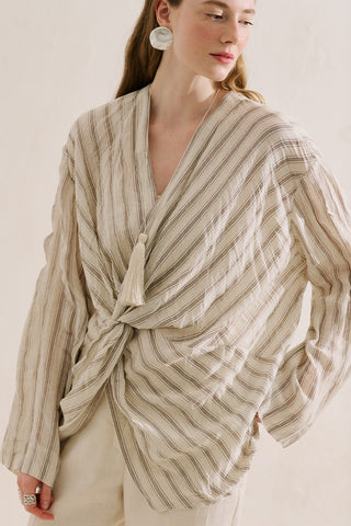 Linen Blend Knot Detail Blouse Brown
