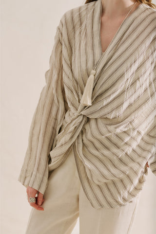 Linen Blend Knot Detail Blouse Brown